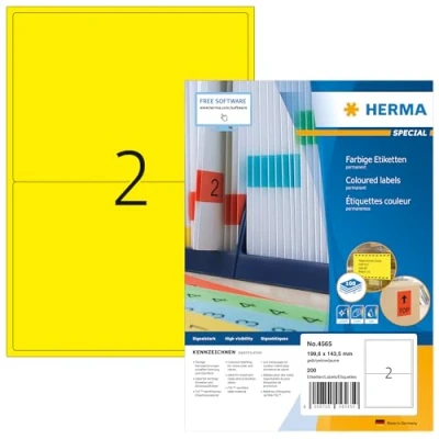 Abbildung von HERMA 4565 Farbige Etiketten gelb, 100 Blatt, 199,6 x 143,5 mm, 2 pro A4 Bogen, 200 Stück, selbstklebend, bedruckbar, matt, blanko Papier Farbetiketten Aufkleber