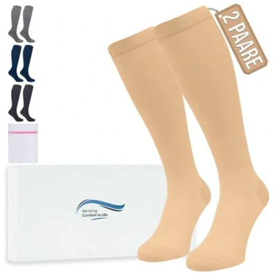 Abbildung von 360 Relief Kompressionsstrümpfe Damen und Herren 2 Paare Kompressionssocken Einfarbig für Sport, Laufen, Flug, Reise, Joggen, Radsport, kniestrümpfe, L/XL Beige mit Wäschenetz
