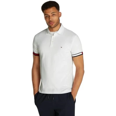 Abbildung von Tommy Hilfiger Herren Poloshirt Kurzarm Flag Cuff Slim Fit, Weiß (White), L