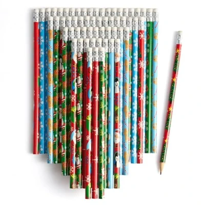 Abbildung von THE TWIDDLERS 60 Weihnachtsstifte mit Radiergummi, Weihnachtsmann, Weihnachtsbaum, Rentier, Schneemann, verschiedene festliche Designs für Kinder, Spielzeug, Weihnachtsgeschenke, Partytüten