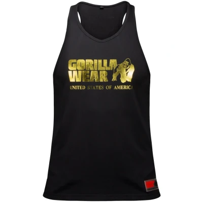 Abbildung von Gorilla Wear Classic Fitness Tank Top schwarz/Gold Bodybuilding Sport Freizeit mit Logo Aufdruck leicht und bequem für optimale Bewegung aus Baumwolle, XXL