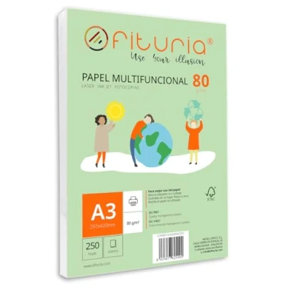 Abbildung von Packung mit 250 weißen DIN A3 Blättern, 80g Druckerpapier. Multifunktionales Kopierpapier für Schule und Büro. Ideal Laserdrucker, Tintenstrahldrucker oder Kopierer Ofituria
