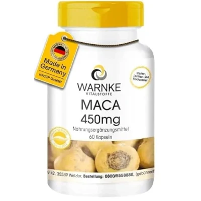 Abbildung von Maca 450mg 60 Kapseln hochdosiert &amp; vegan gelbe Wurzel Extrakt 4500mg pro Tagesdosis Warnke Vitalstoffe Deutsche Apothekenqualität
