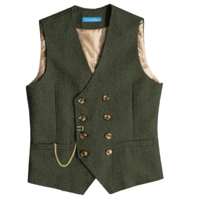 Abbildung von Solovedress Mens Vintage Wolle Anzugweste Regular Fit Weste Anzug für Hochzeit Groomsmen(Army Green,L)
