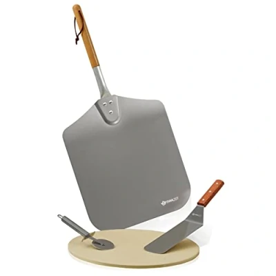 Abbildung von Mahlzeit 4 teiliges Pizza Set Pizzastein mit Schaufel, Pizzaschneider und Spachtel für Backofen Grill Zubehör Set, stone, Grillstein, Backstein