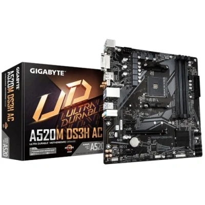 Abbildung von GIGABYTE A520M DS3H AC Mainboard AMD Ryzen 5000 Serie CPUs, 5+3 Phasen VRM, bis zu 4733 MHz DDR5 (OC), 1xPCIe 3.0 M.2, GbE LAN, WiFi 5, USB 3.2 Gen 1