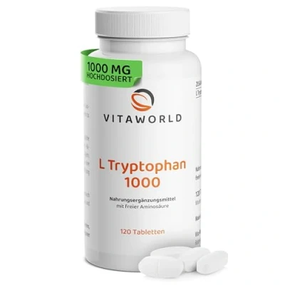 Abbildung von L Tryptophan hochdosiert 1000mg je Tablette (120 vegane Tabletten) Aminosäure aus pflanzlicher Fermentation ohne unerwünschte Zusätze, glutenfrei und laktosefrei vitaworld