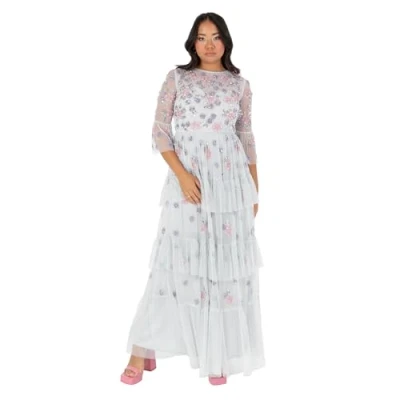 Abbildung von Maya Deluxe Damen Women&#039;s Ladies Maxi Dress Round Neck 3/4 Sleeve Floral Sequin Embellished Ruffle A line for Wedding Guest Prom Ball Gown Kleid, Glacier Grey,