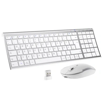 Abbildung von iClever Kabellos Tastatur Maus Set, Wiederaufladbare Kabellose und Maus, QWERTZ Layout (Deutsch), Ultra Thin für Computer/Desktop/PC/Laptop/Windows 10/8/7, Weiß Silber
