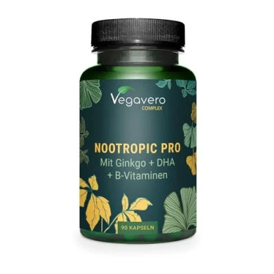 Abbildung von NOOTROPIC PRO Brahmi, Ginseng, Ginkgo, DHA vegan + B Vitamine Brain Booster Ohne Koffein Geistige Leistungsfähigkeit &amp; Energie* Zusatzstoffe Deutsche Produktion Vegavero® 90 Kapseln