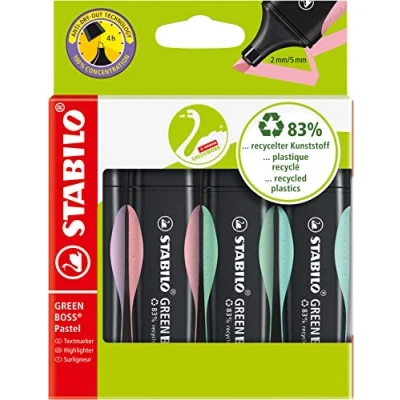 Abbildung von Umweltfreundlicher Textmarker STABILO GREEN BOSS Pastel 4er Pack Hauch von Minzgrün, rosiges Rouge, zartes Türkis und Schimmer Lila