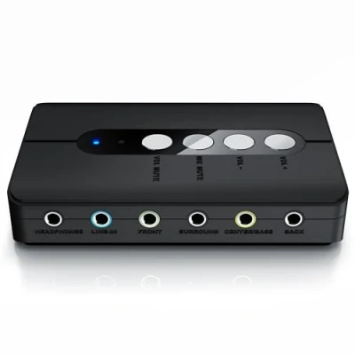 Abbildung von CSL USB 7.1 Soundkarte extern Surround Sound Stereo Audio Adapter Lautstärkeregelung Anschluss für Kopfhörer, Mikrofon Mikrofonstummschaltung PC Windows 10 11