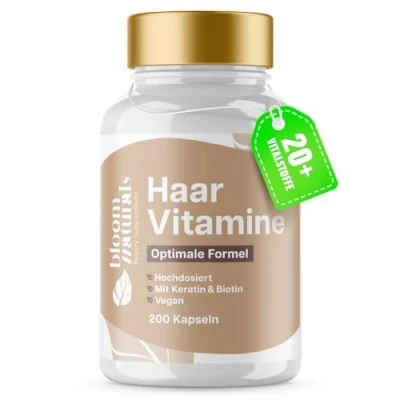 Abbildung von Haar Vitamine 200 Kapseln Hochdosiert mit Biotin, Selen, Zink, Keratin + 20 Vitalstoffe für Haarwachstum beschleunigen und gesunde Haare Frauen &amp; Männer vegan produziert in Deutschland