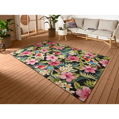 Abbildung von Hanse Home Tropical Feeling In &amp; Outdoor Teppich Flachgewebe Jungel Blumen Flower Florales Design, ÖKO TEX Wetterfest UV beständig für Balkon, Terrasse, Garten, Wohnzimmer Bunt, 160x235cm
