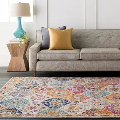 Abbildung von Surya Sicily Vintage Teppich groß Wohnzimmer 200x274 cm, Esszimmer, Schlafzimmer Orientalischer Boho Style Carpet Living Room, Bunter Muster, Senfgelb, Orange, Weinrot und Blau