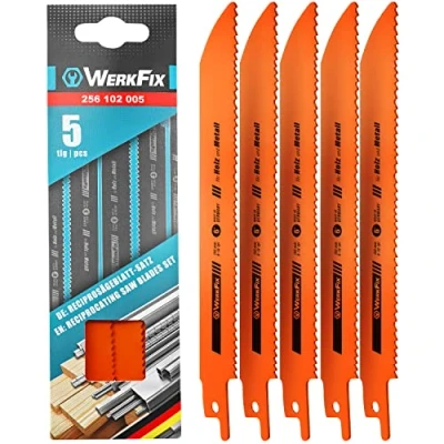 Abbildung von Werkfix Säbelsägeblätter/MADE IN GERMANY/Set 5tlg Sägeblätter Säbelsäge für Holz und Metall Zubehör Säbelsäge, Reciprosägeblatt schnelle Schnitte HSS Bi 150 mm. 8 10 tpi 6“ 5 Stück