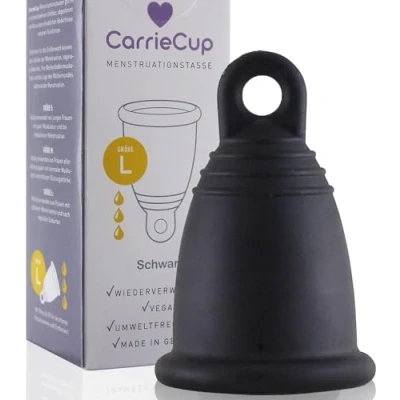 Abbildung von CarrieCup Menstruationstasse groß, Made in Germany inkl. Beutel BPA frei, Alternative zu Tampons und Binden, silikonfrei, Menstrual Cup schwarz