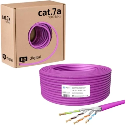 Abbildung von HB DIGITAL 50m CAT.7a Netzwerkkabel LAN Kabel Verlegekabel AWG 23 Reines Kupfer S/FTP PiMF LSZH Halogenfrei RoHS Compliant Ethernet Installationskabel Datenkabel PoE 10Gbit/s max. 1200MHz Lila