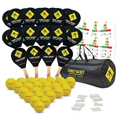 Abbildung von Street Racket Schulset, 24 Holzschläger, Softbälle, Straßenmalkreide zur Spielfeldmarkierung, verpackt in Schulsporttasche, 970041