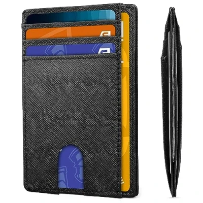 Abbildung von AMEHA Minimalistische, schlanke Geldbörse für Herren, Vordertasche, echtes Leder, RFID blockierend, Visitenkartenhalter mit Ausweisfenster, Cross Black, Vordertasche