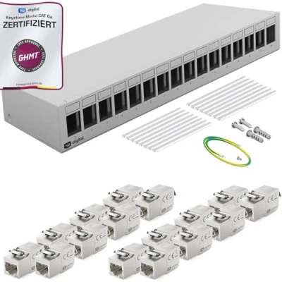 Abbildung von HB DIGITAL 16 Port Patchpanel Patchfeld Verteilerfeld 1 HE 16x CAT 6a RJ45 Keystone Jack Modul GHMT Zertifiziert vollgeschirmt STP 10 Gbps Kompatibel mit Verlegekabel Netzwerkkabel LAN Hellgrau