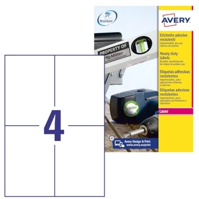 Abbildung von AVERY Zweckform L4719 20 Wetterfeste Folienetiketten (80 Klebeetiketten, 105x148mm auf A4, extrem stark selbstklebend, wasserfest, strapazierfähig, bedruckbare Outdoor Klebefolie) Blatt, weiß