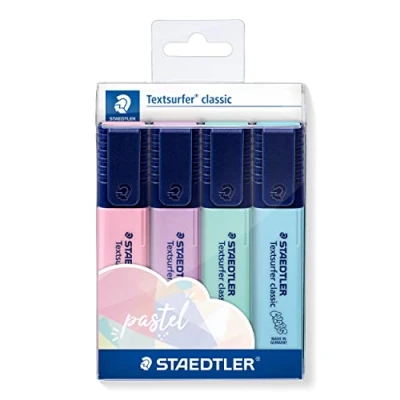 Abbildung von STAEDTLER Textmarker Textsurfer classic, hohe Qualität, mit großem Tintenspeicher für extra lange Markierleistung, Etui 4 Pastell Farben, 364 CWP4PA