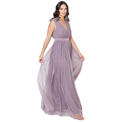 Abbildung von Maya Deluxe Damen Ruffle Shoulder Maxi Dress Brautjungfernkleid, Moody Lilac, 48 EU
