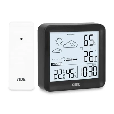 Abbildung von ADE Kleine digitale Wetterstation funk mit Außensensor und Wettervorhersage Innen Außentemperatur Luftfeuchtigkeit Funkuhr Wecker inkl. Batterien schwarz