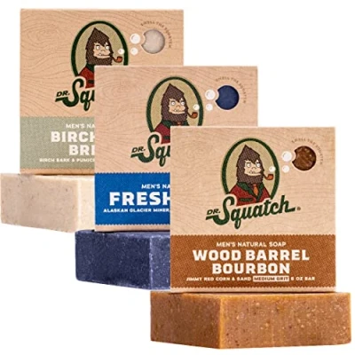 Abbildung von Dr. Squatch Natürliches Seifenstück für Männer, 3er Pack zur Auswahl Birkenholzbrise, Frische Wasserfälle, Holzfass Bourbon