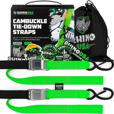 Abbildung von Rhino USA Motorrad Spanngurte mit Haken 2 Pack 1000kg Bruchfestigkeit Stahl Schloss Spanngurt Set Schlaufen Transportsicherung Transport Grün