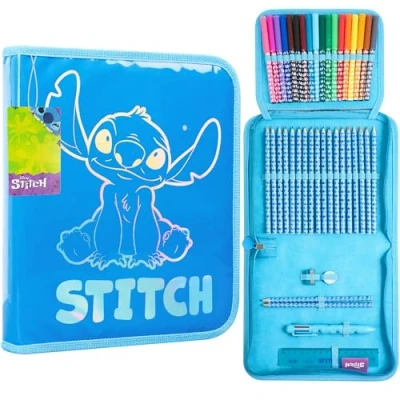 Abbildung von Disney Stitch Federmäppchen Mädchen mit Schulsachen, Frozen Anna und ELSA Federtasche Gefüllt für Schule, Vorschule, Geschenke (Blau 1 Fach)