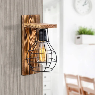 Abbildung von Wandleuchte im Industriestil Artorin H30cm Dunkles Holz und Metall Schwarz Menzzo