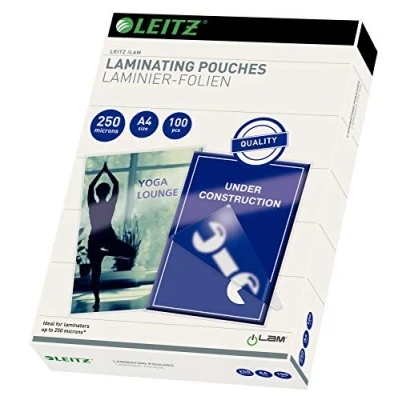 Abbildung von Leitz Heißlaminierfolien A4 250 mic, Hochwertige Laminierfolien im 100er Pack, mit abgerundeten Ecken, transparent, glänzend, für den Einsatz zu Hause oder Büro, 16935