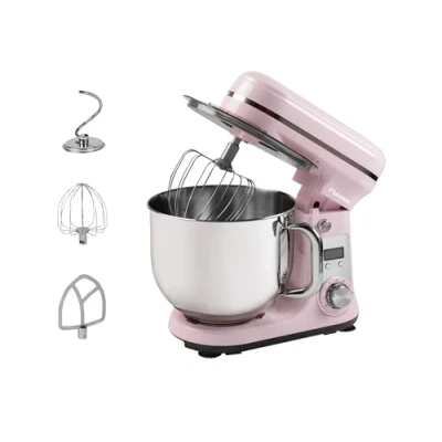 Abbildung von Bestron Küchenmaschine, Super Silent (65db) 4 1 Küchenmaschine mit DC Motor, 6 Liter Rührschüssel, inkl. Knethaken, Rührbesen und Teigschläger, Geschwindigkeitsstufen + Pulsefunktion, Farbe: Rosa
