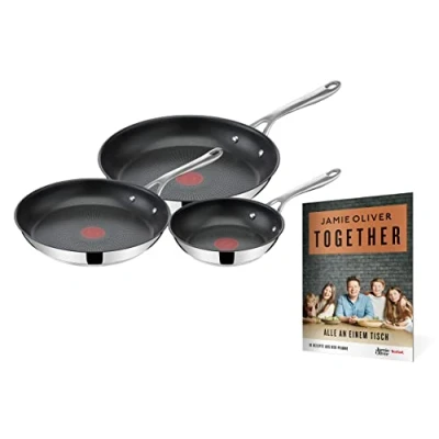 Abbildung von Jamie Oliver by Tefal Cook&#039;s Direct On Pfannen Set 20/24/28 cm, Rezeptheft, Antihaft, Induktion, Backofenfest, Edelstahl, Genieteter Griff, E304S3.TOG