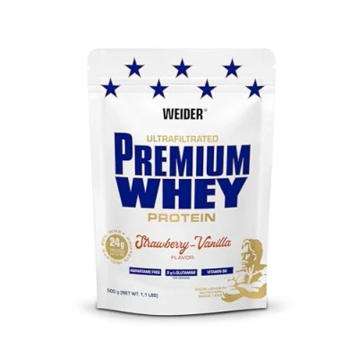 Abbildung von Weider Premium Whey Protein Pulver, unverschämt leckeres Eiweißpulver mit Isolat für Muskelaufbau hohem Anteil an EAA, BCAA und freiem L Glutamin, perfekte Löslichkeit, Erdbeer Vanilla, 500g