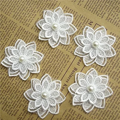 Abbildung von Yulakes 12PCS Polyester Perlen Blumen bestickte Spitzenborte Spitzenband Spitzenbordüre Stoff, Spitze Blume Borte Nähzubehör Basteldekoration DIY handgefertigte
