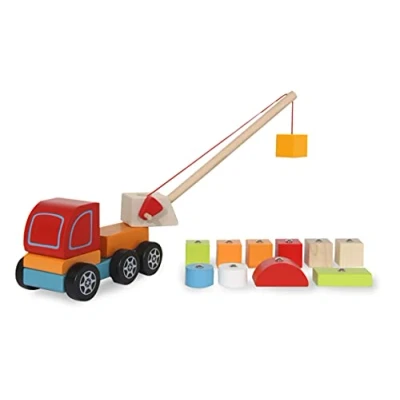 Abbildung von JAMARA Kidiwood Steckspiel Mobilkran 14tlg. ab 3 Jahre, Massivholz Bergahorn / Buche, Farben auf Wasserbasis, fördert motorische Fähigkeiten Tastsinn, magnetische Klötze, 460700, Mehrfarbig