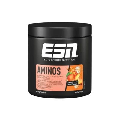 Abbildung von ESN AMINOS, Peach Iced Tea, 400 g, feines Amino Pulver mit essentiellen Aminosäuren &amp; Astragin, 3,2 g Leucin pro Portion, ideale Löslichkeit, vegan, geprüfte Qualität made in Germany