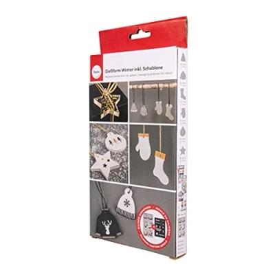 Abbildung von Rayher Silikon Gießform Winter + Schablone A5, 6 Motive, zum Ausgießen mit Kreativ Beton, Art Resin Gießharz, Raysin Gießpulver, für Geschenkanhänger, Christbaumanhänger, Bunt