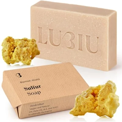 Abbildung von lubiu Schwefel Seife Stück 100g Naturseife Antibakterielle Gegen Pickel im Gesicht und am Körper Sulfur Soap Bar Gesichtsseife