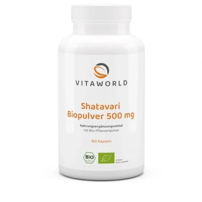 Abbildung von vitaworld Shatavari 500 mg Bio, 1500 Bio Pulver pro Tagesverzehrmenge, Indischer Spargel, Vegan, 180 Kapseln