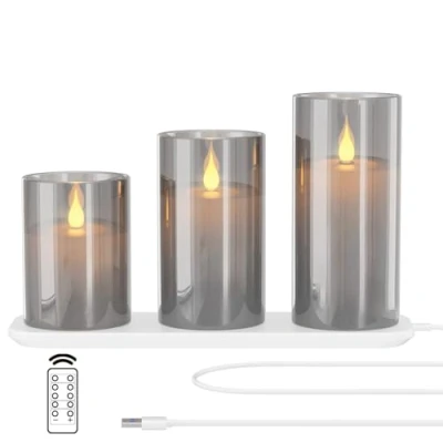 Abbildung von EXTSUD LED kerzen Flackernde Flamme mit Ladestation und Fernbedienung,3er Set Elektrische aus Glas Wiederaufladbare Wassertropfer Kerzenlicht Timerfunktion Grau
