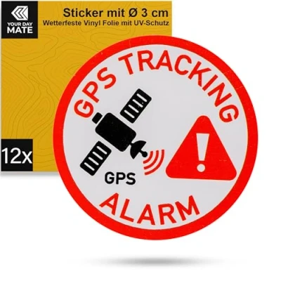 Abbildung von Aufkleber Set &quot;GPS TRACKING ALARM&quot;, 12 Stück, Ø 3 cm, selbstklebende Folie, außenklebend, Warnhinweis Sticker Innen und Außenbereich, Diebstahl Schutz Klebesticker, Hinweissticker alarmgesichert