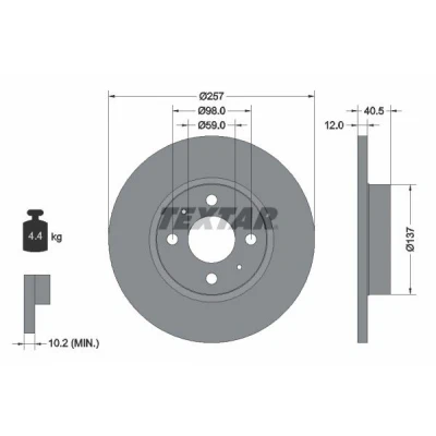 Abbildung von TEXTAR PRO 92236703 Bremsscheibe 257 12 04/06 98 voll beschichtet ohne Radbefestigungsbolzen, Radnabe FIAT: 500 C Convertible