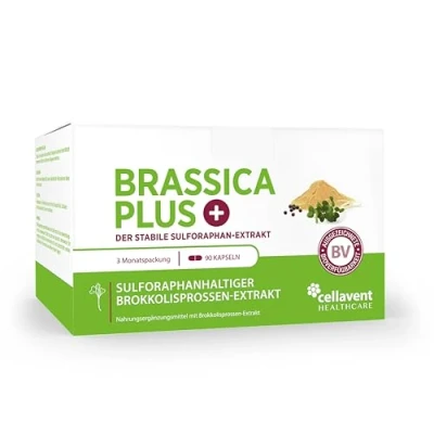 Abbildung von Brokkolisamen Extrakt Kapseln 280.000 mg Brokkoli 99% stabilisiertes Sulforaphan 3.600 Samen pro Kapsel 60% höher bioverfügbar Brassica PLUS