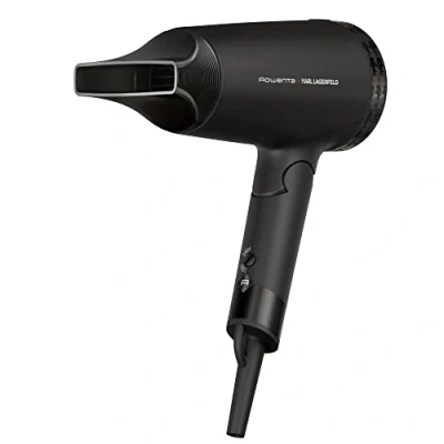Abbildung von Rowenta x Karl Lagerfeld CV184L Express Style Haartrockner kompakt und kraftvoll klappbares Design reisefreundlich ultraleicht Glanz Booster individuelle Einstellungen Schwarz
