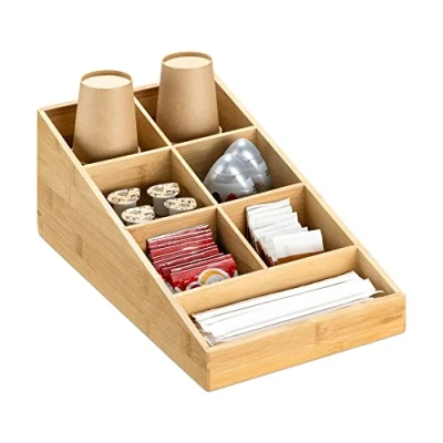 Abbildung von Navaris Kaffee Spender Organizer Aufbewahrung von Kaffeezubehör Kaffeebar für Zucker Milch Servietten Kapseln Bambus Kaffeestation 7 Fächer