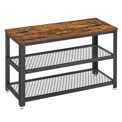 Abbildung von VASAGLE Schuhbank, Schuhregal mit 2 Gitterablagen, Aufbewahrung für Schuhe, 30 x 73 45 cm, Eingangsbereich, Flur, Wohnzimmer, Metallgestell, Industrie Design, vintagebraun schwarz LBS73X